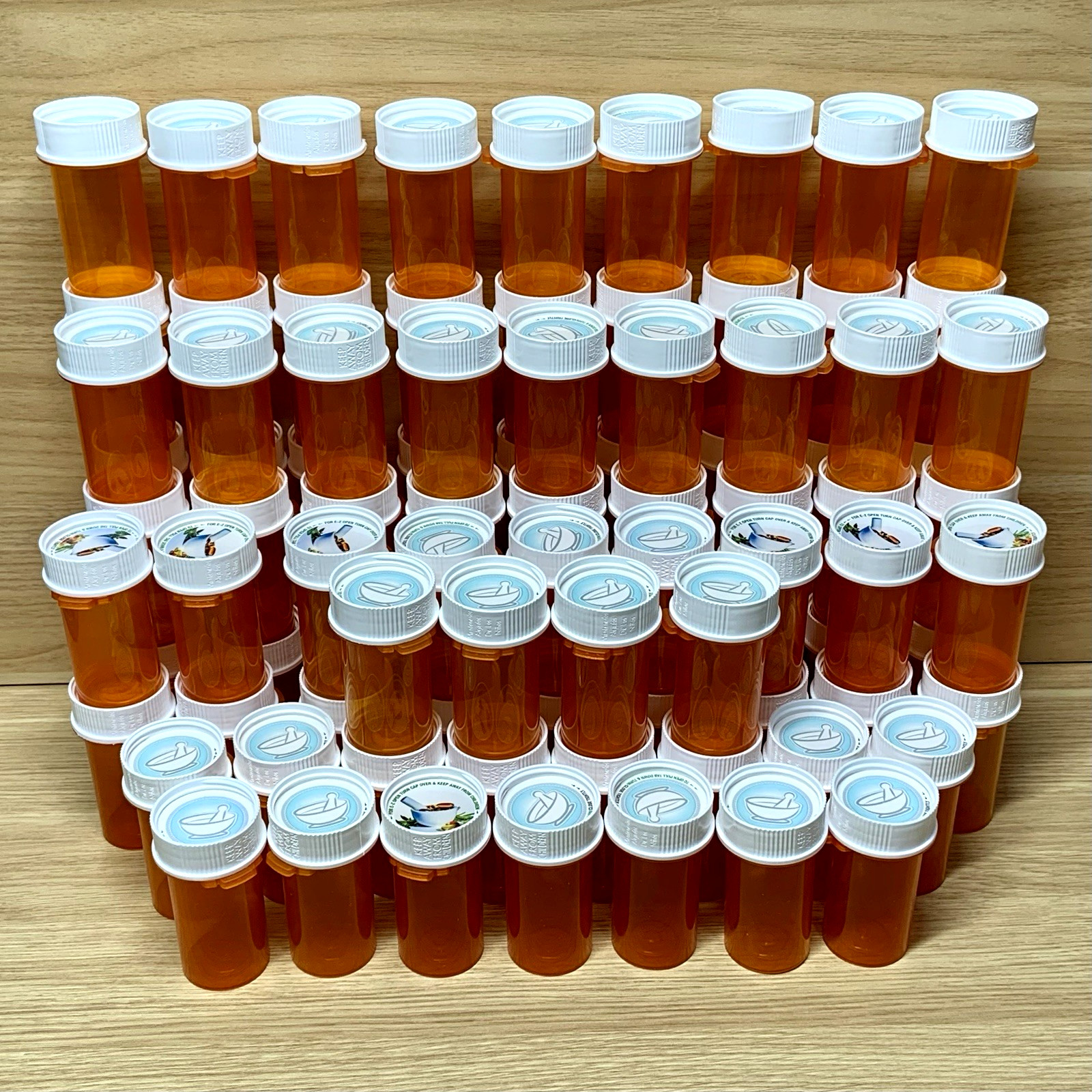100 Empty Pharmacy Pill Bottles – 16 Dram Orange Vials w/ Child-Resistant Caps