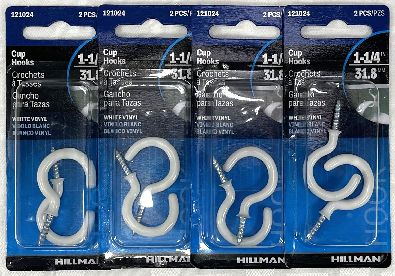 four 2 packs HILLMAN Cup Hook, White Vinyl, 1.25" in -121024 LOT OF 8 hooks