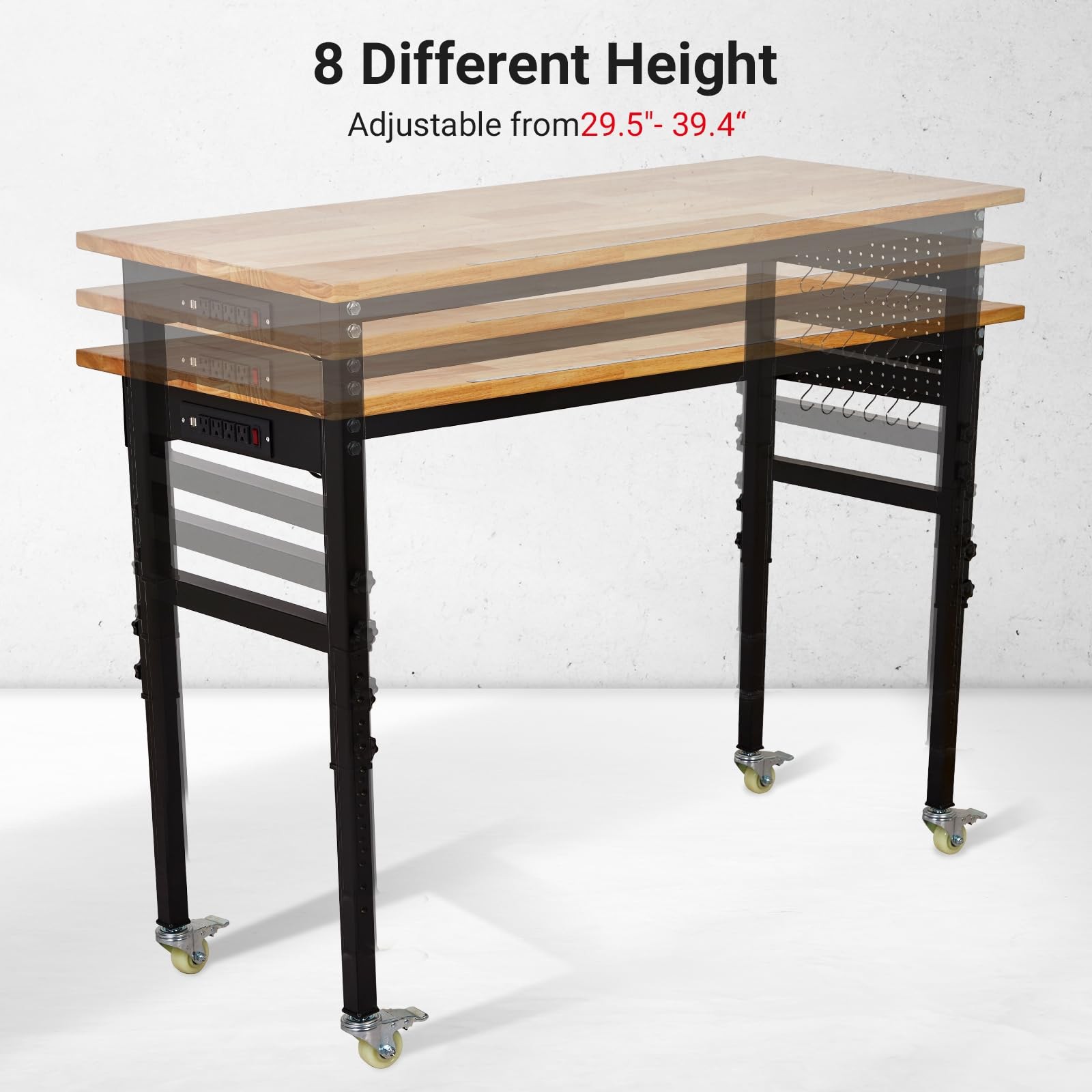 70" Adjustable Height Workbench&Wheels,2000 lb Rubber Wood Top,Power Outlets