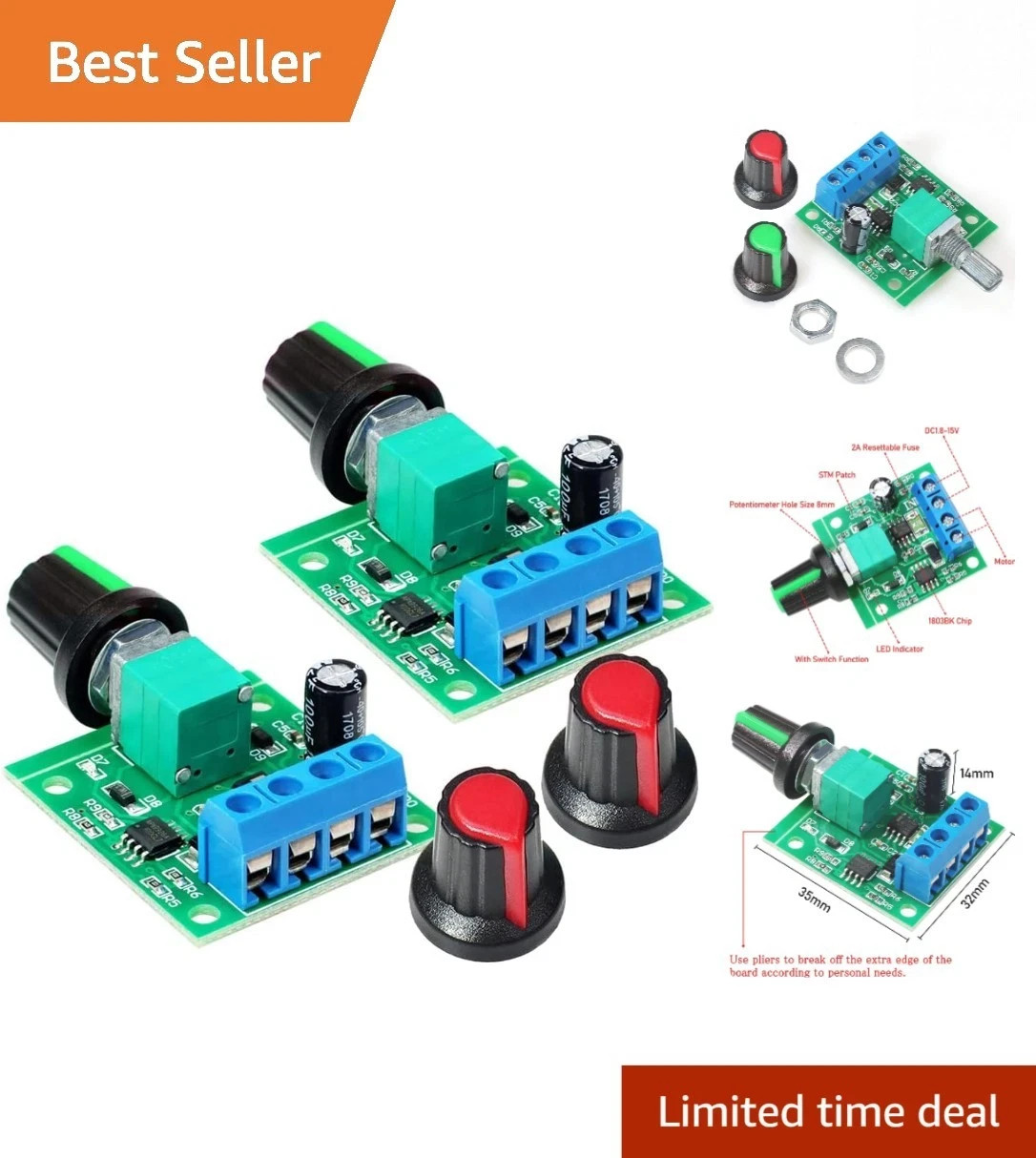 Dual Pack 2A PWM DC Motor Speed Controller 1.8V-12V with Speed Control Knob New
