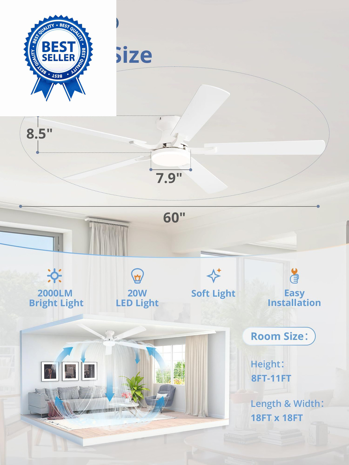 ZMISHIBO 60 Inch Ceiling Fan with Light, App&Remote Control, 60 Inch, White