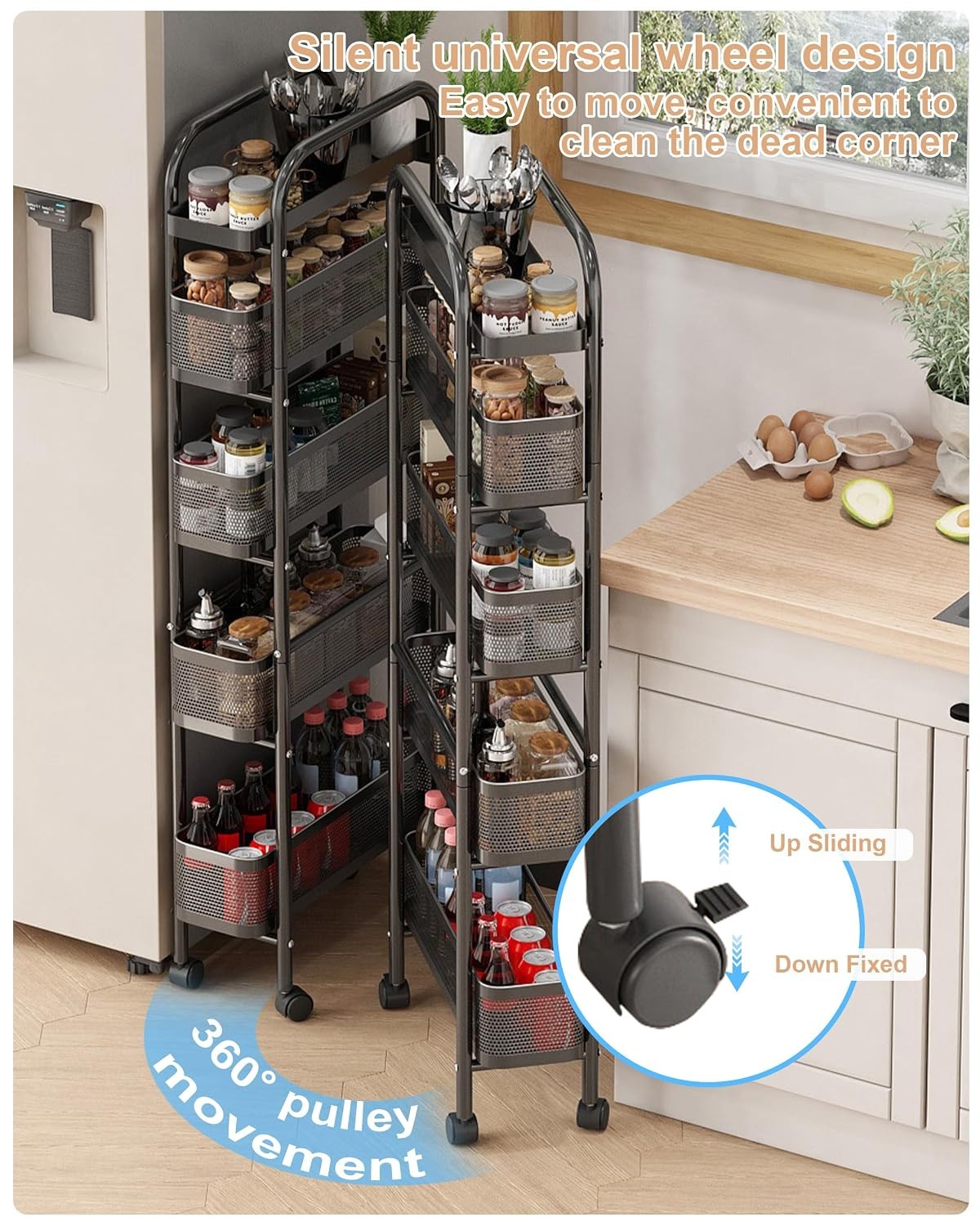 5 Tier Black Mobile Storage Cart with 5 Pull Out Baskets Narrow Shelving Unit