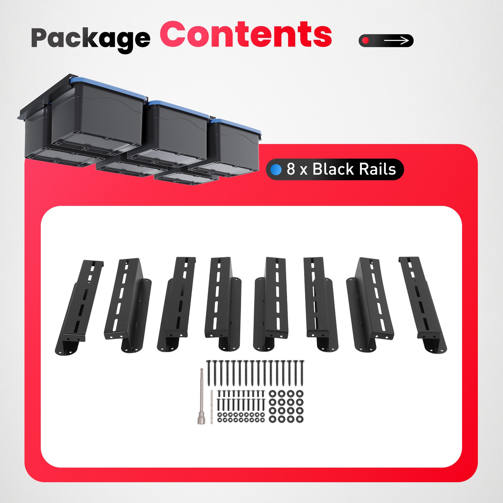 8PK Ceiling Rail Overhead Garage Storage Bin Racks For 6 Bins Shelving System