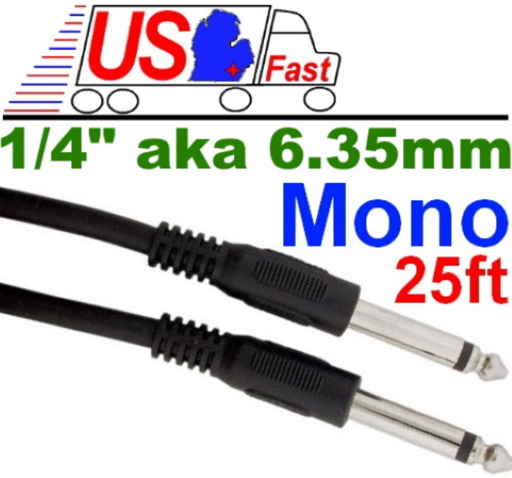 25ft 1/4" 6.35mm Male to Male Mono Audio Headphone Microphone Mic TS Cable Cord