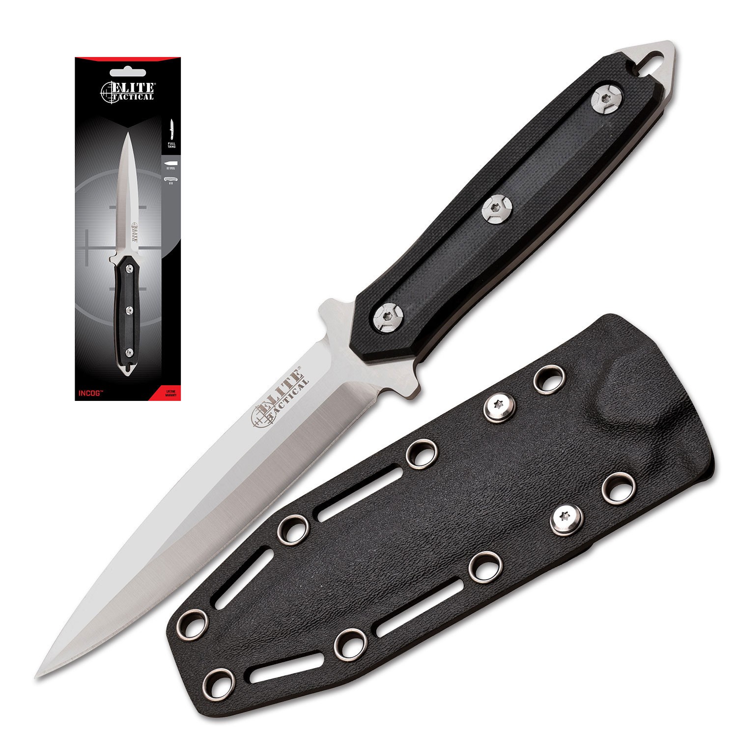 Elite Tactical INCOG Fixed Blade  Full Tang Knife w/G10 Handle & Kydex Sheath
