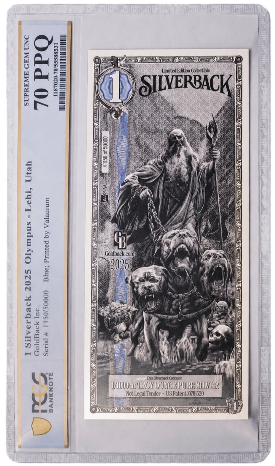 2025 Olympus Hades Blue Silverback Note PCGS 70 - Lehi, Utah