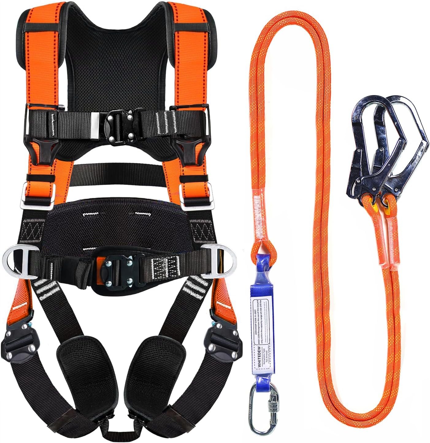 Fall Protection Premium Safety Harness with Shock Absorbing Lanyard, Vented & Pa