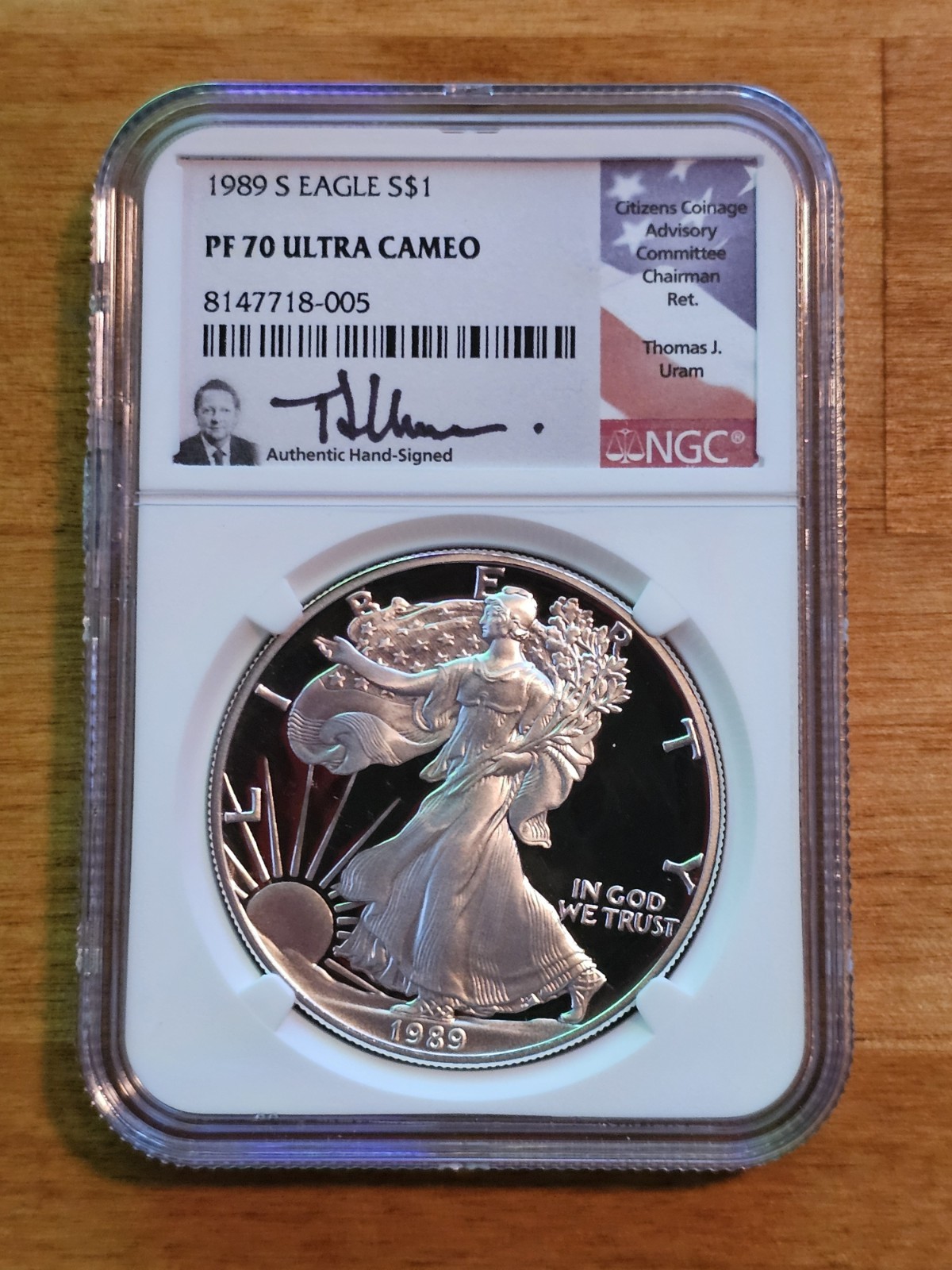 1989 S Eagle NGC PF70 Ultra Cameo Thomas J. Uram Signature Flag Label