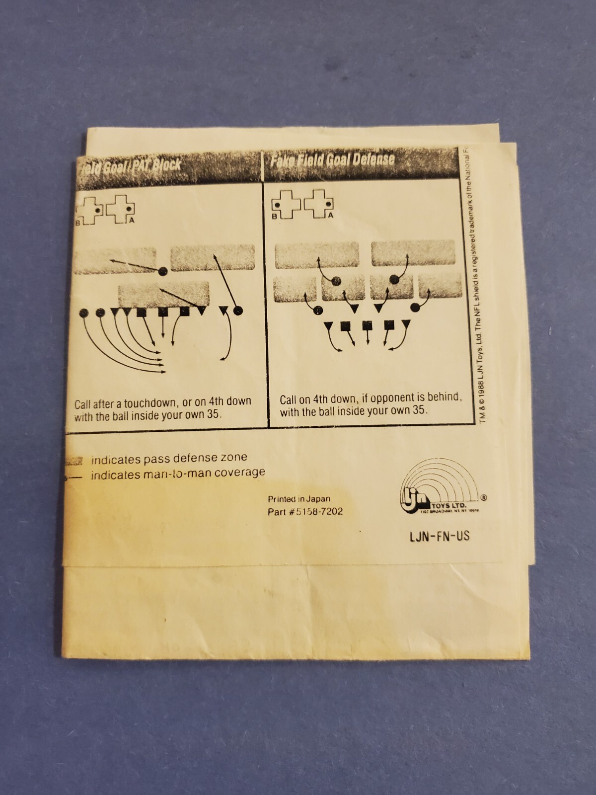 NES Nintendo NFL Play Sheet Insert LJN