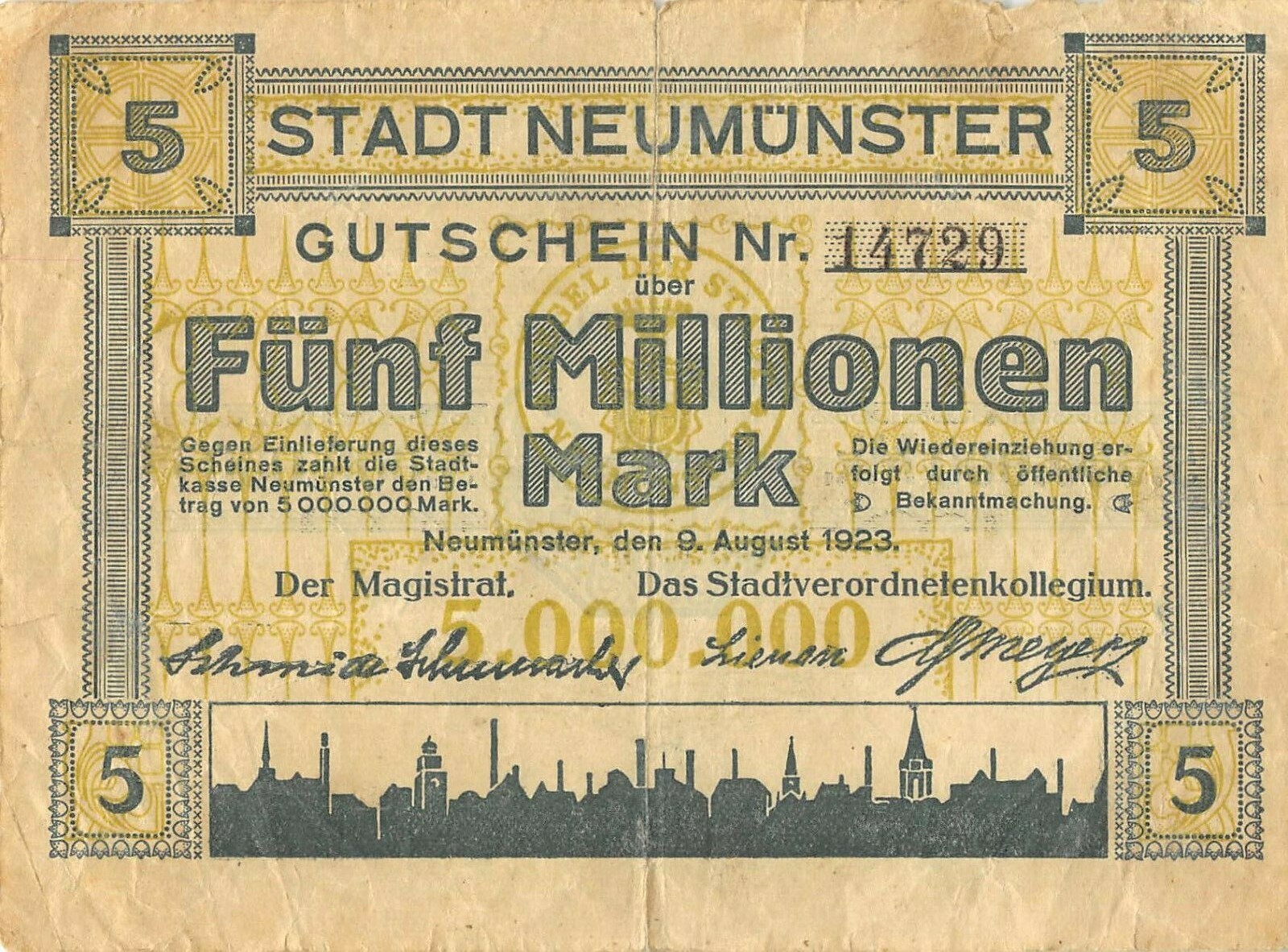 Germany / Neumunster  5  Millionen Mark  9.8.1923  Circulated Banknote LBN