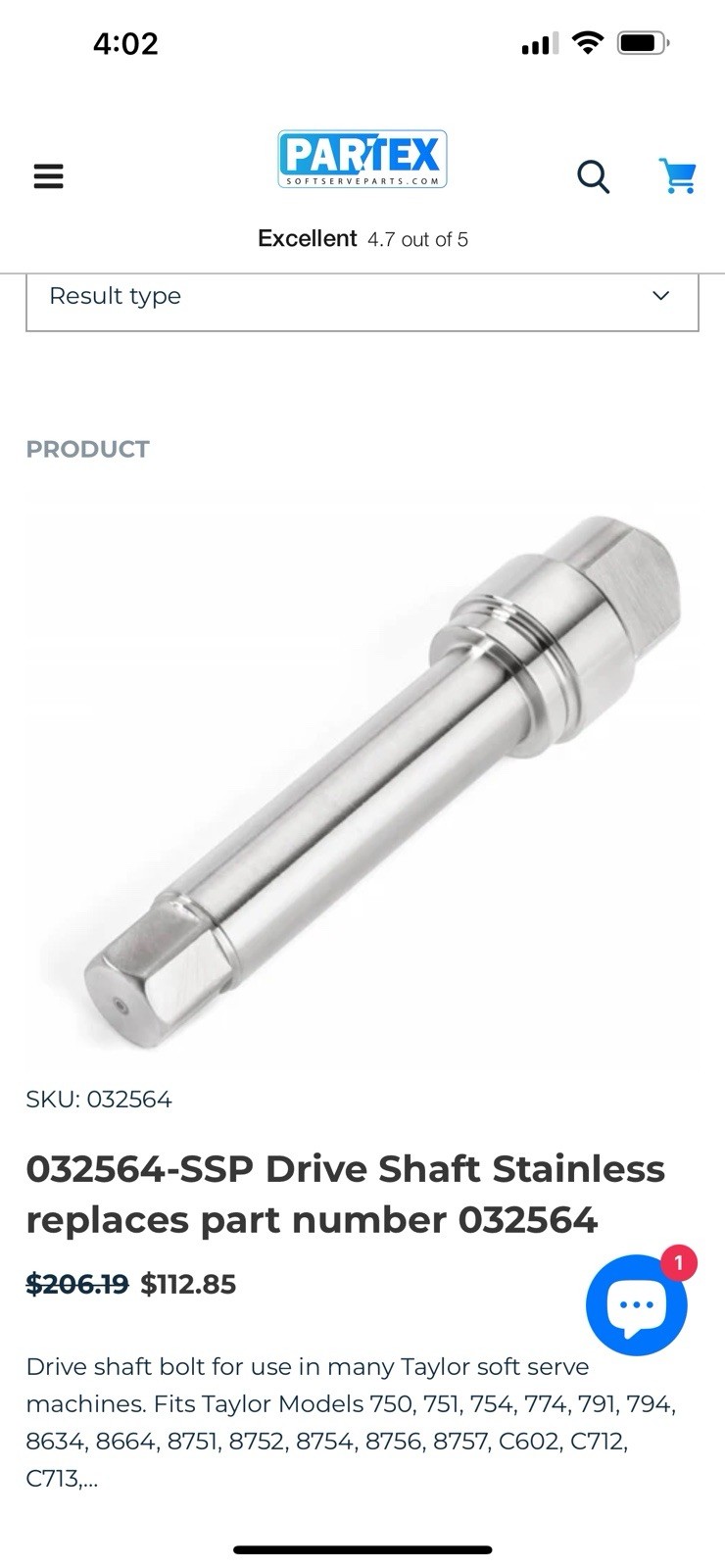Taylor Soft Serve Drive Shaft 032564. View Photos For Machine Fit List