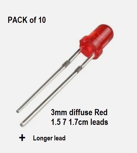 3mm LEDs  Red Diffused, Round Top : Pack of 10 with  Free shipping