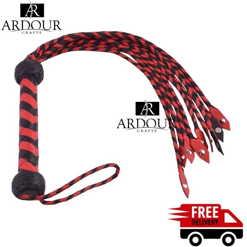 Sex BDSM Cowhide Real Leather Flogger Cat O Nine Braided Falls Steel Studs