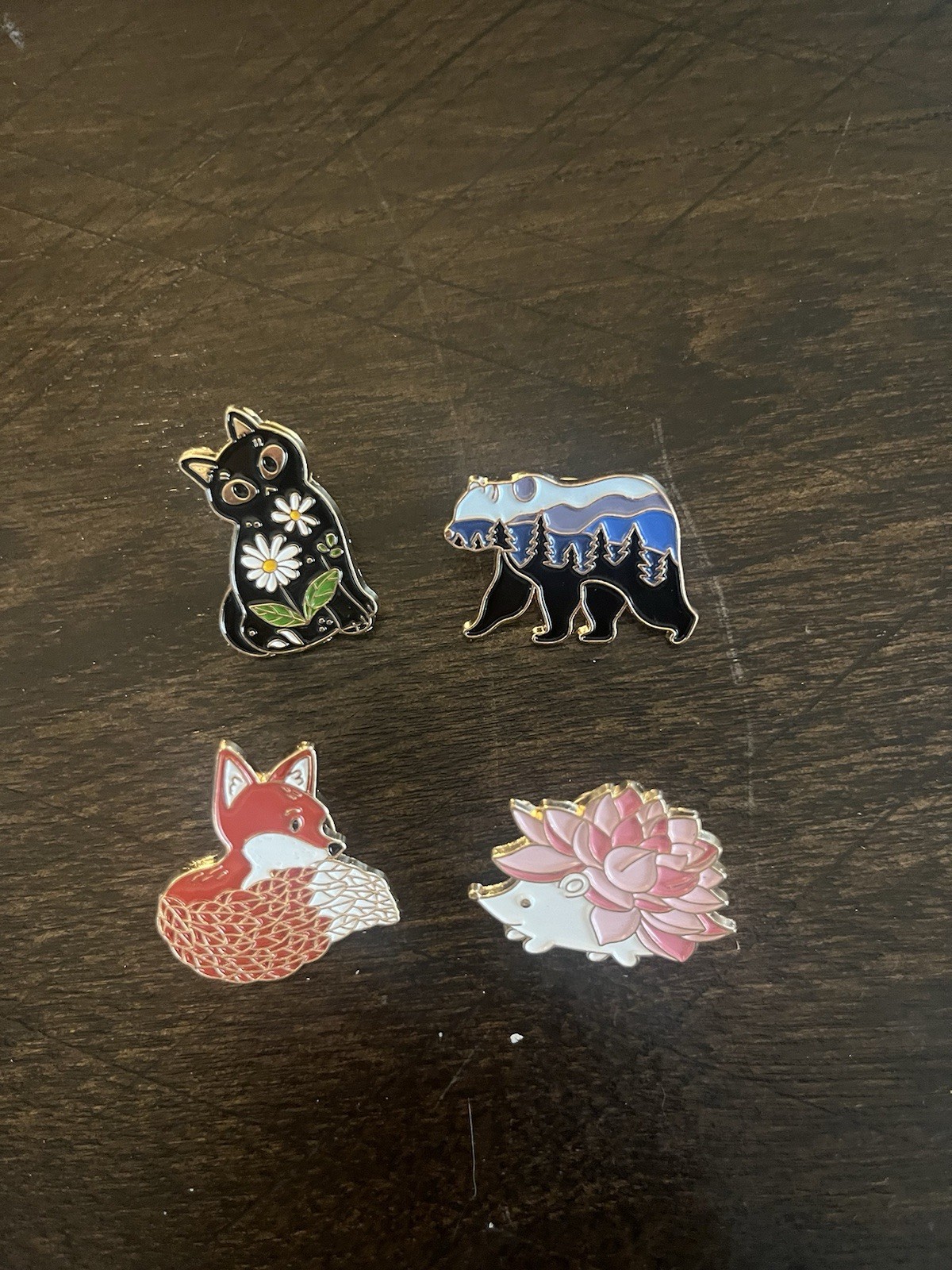 Cute Animal Pins, Black Cat, Bear, Fox, Hedgehog Lot Of 4 Pins