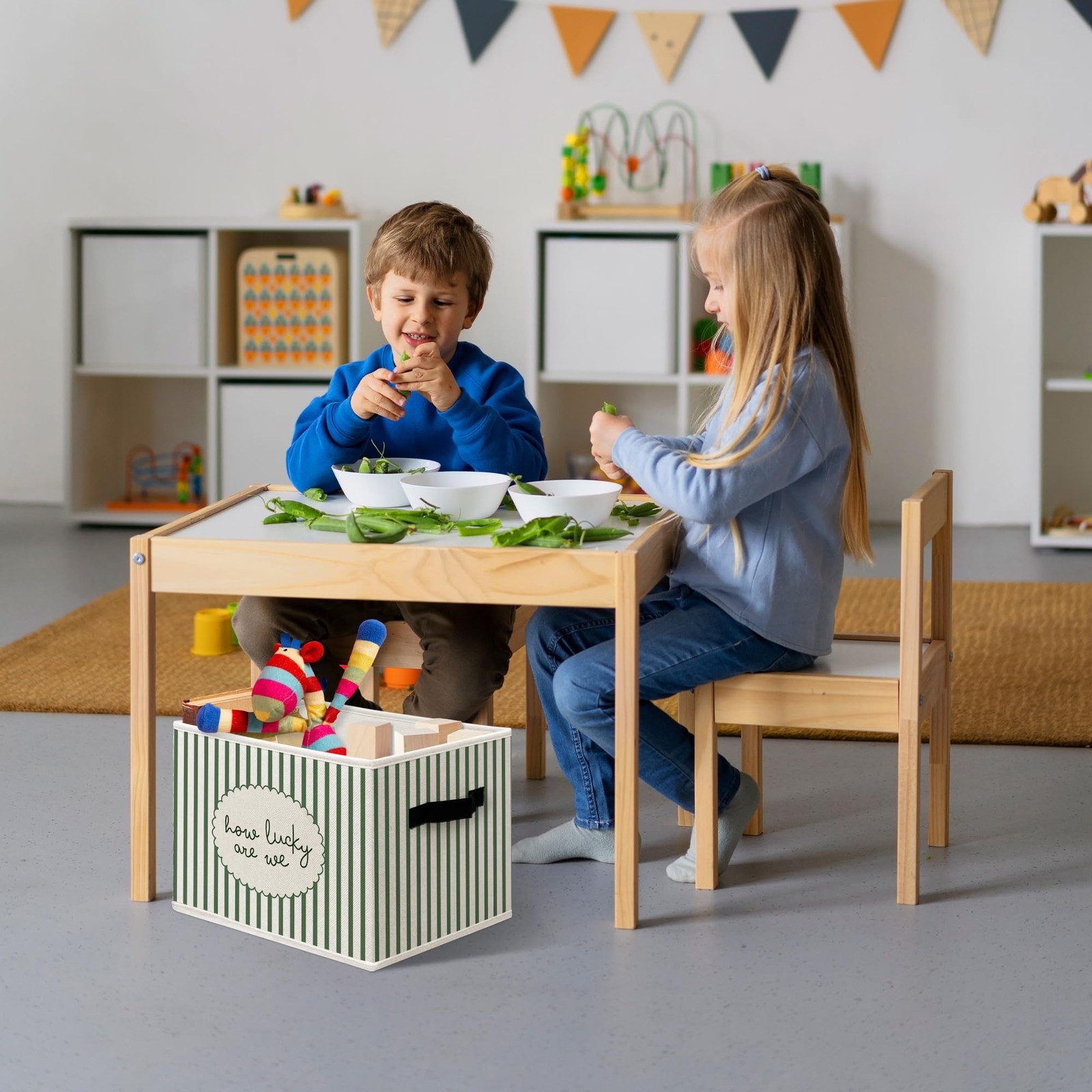 How Lucky Are We Storage Boxes, Green Striped Inspirational Cube Storage Bin ...