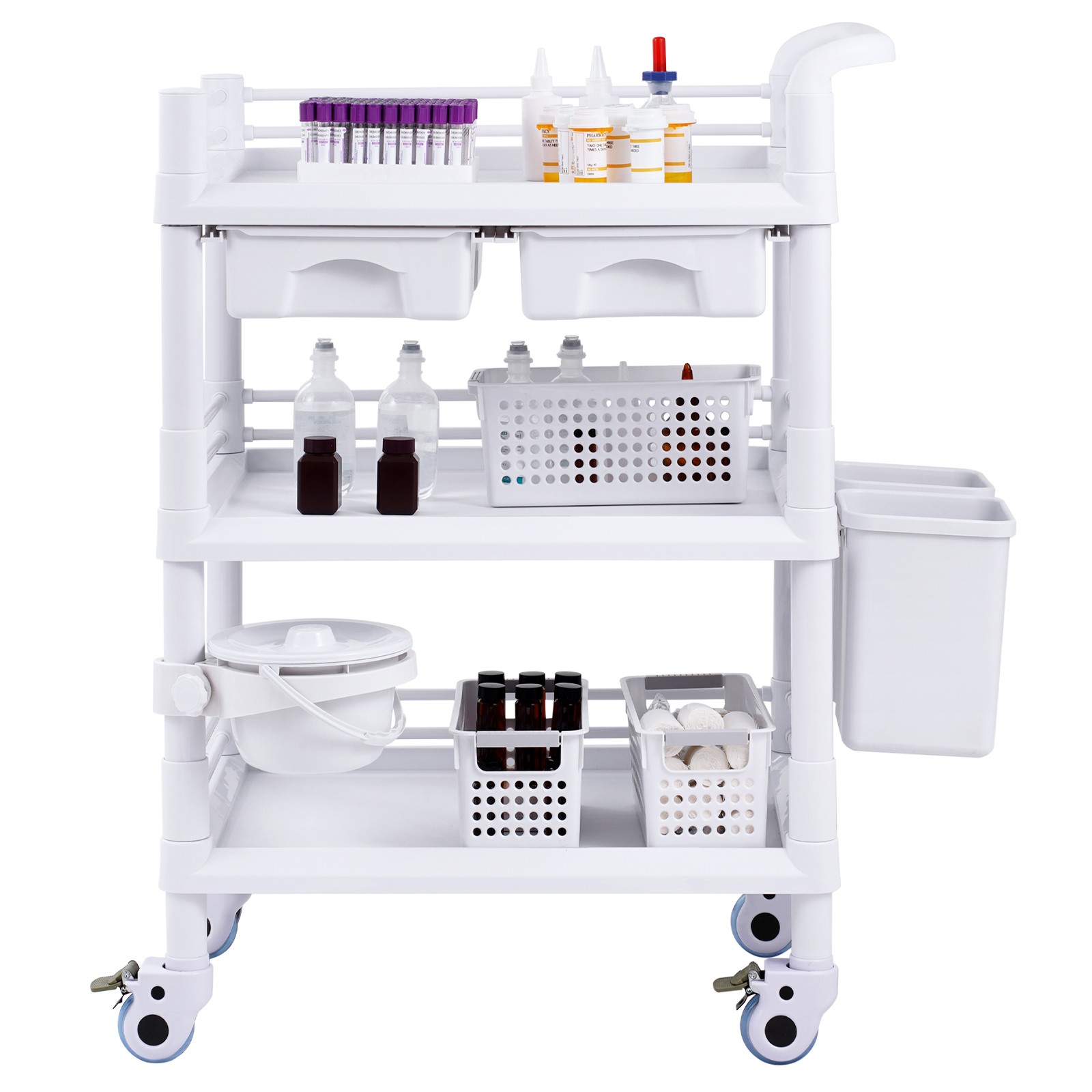 Rolling Lab Cart with 3 Trays & Trash Cans, Mobile Storage Trolley