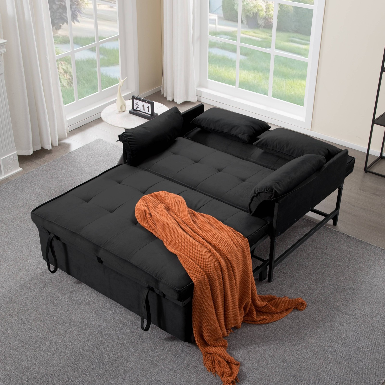 46" Velvet Sleeper Sofa Bed Twin Size Pull-Out Reclining Back 5 Angle Recline
