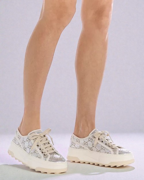 NIB Gucci Tennis Treck GG Silver Flatform Sneakers Size US6.5 EU36.5