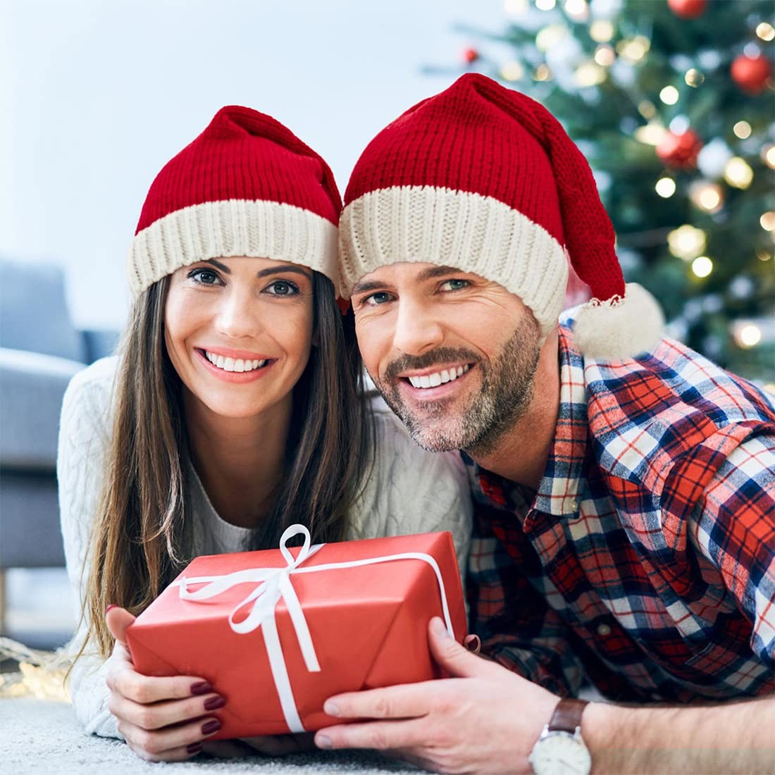 Christmas Knitted Santa Hat Xmas Party Beanie Hat for Adults Women Men