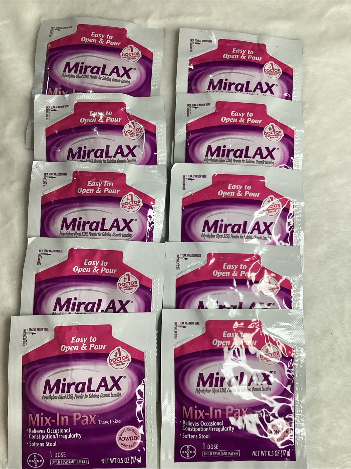 10 MiraLAX Mix-In Pax-Constipation Relief 0.5ox Daily Single Dose Powder Ex 3/27