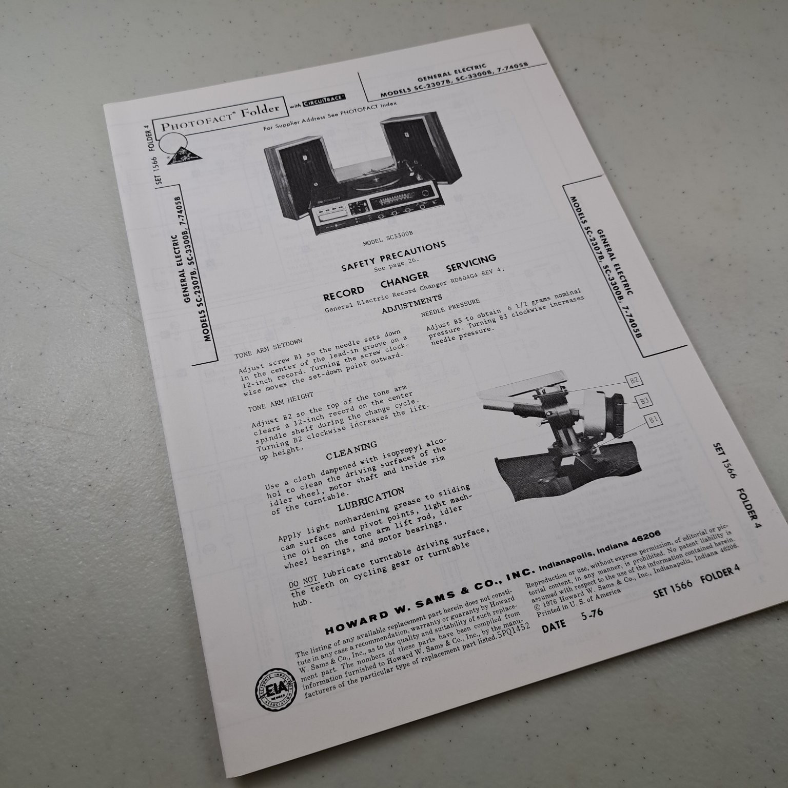GENERAL ELECTRIC Record Changer Manual SC-3300B SC-2307B 7-7405B 1976