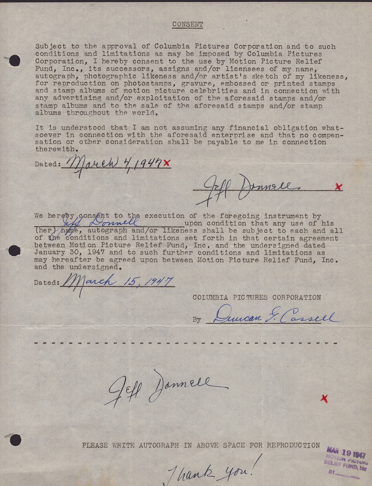 JEFF DONNELL - DOCUMENT DOUBLE SIGNED 03/04/1947