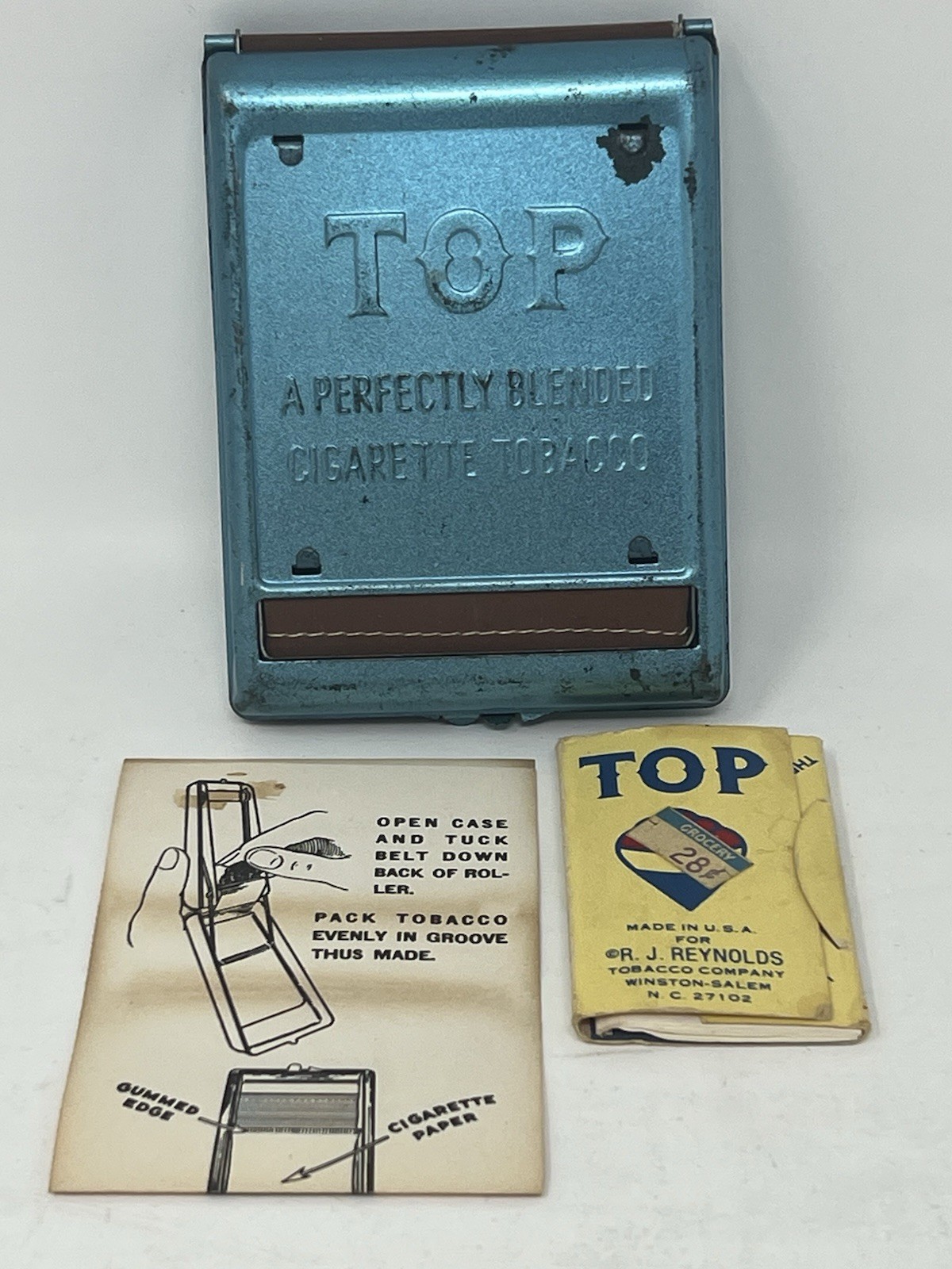 Vintage Top Blue Tin Cigarette Roller w Instructions Tobacco Metal