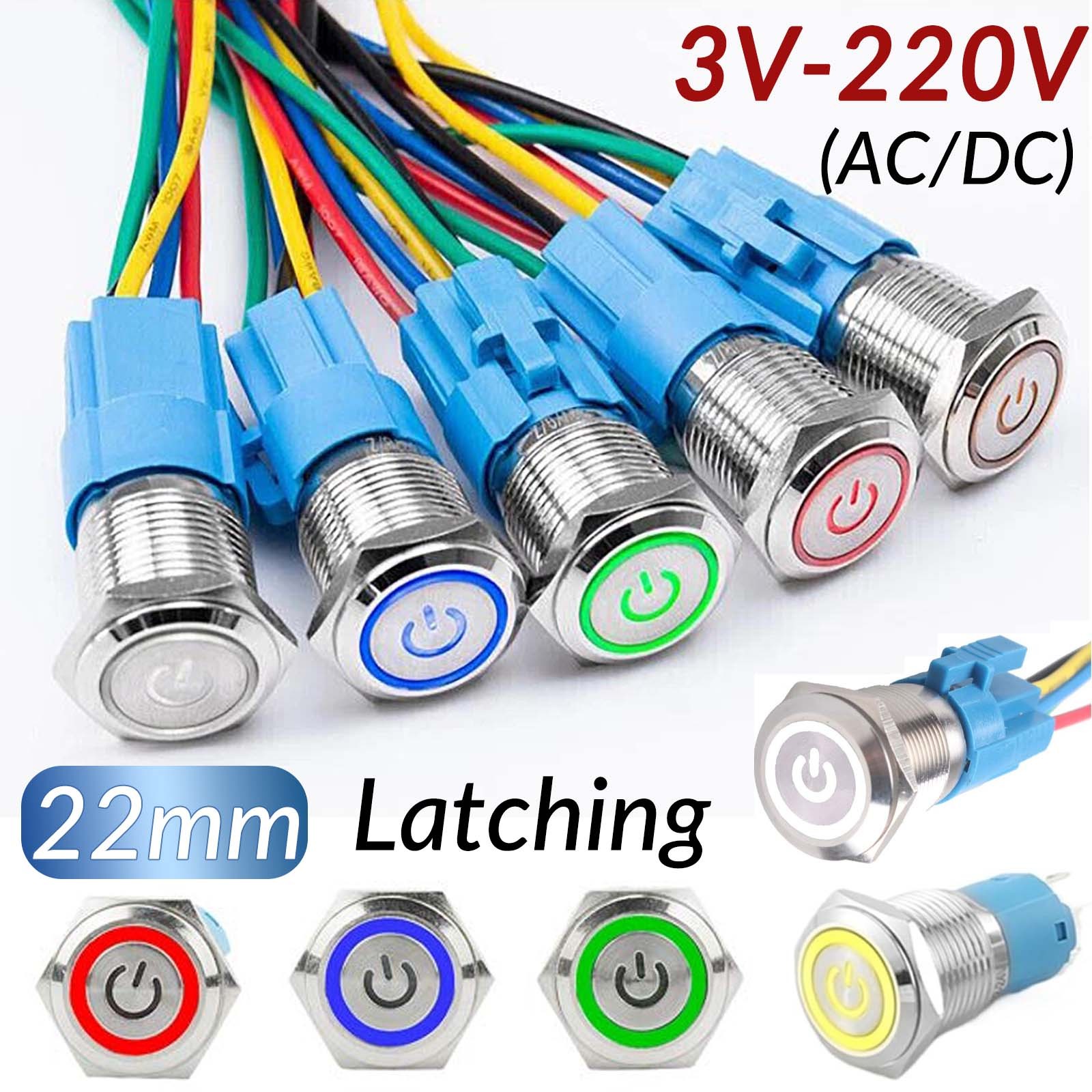 22mm LED ON OFF Waterproof Stainless Steel Latching Push Button Power Switch