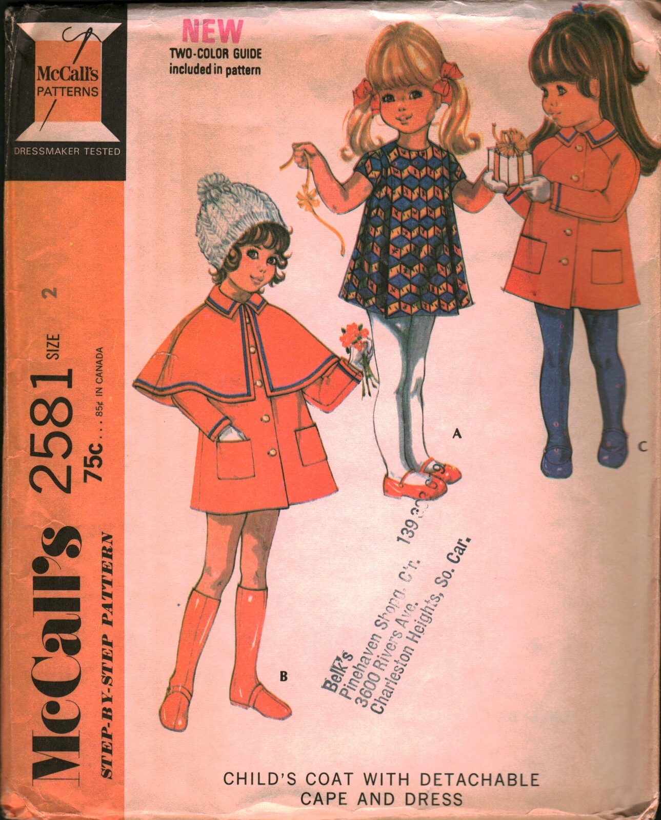 2581 Vintage McCalls SEWING Pattern Girls 1970s Dress Coat Detachable Cape OOP 2