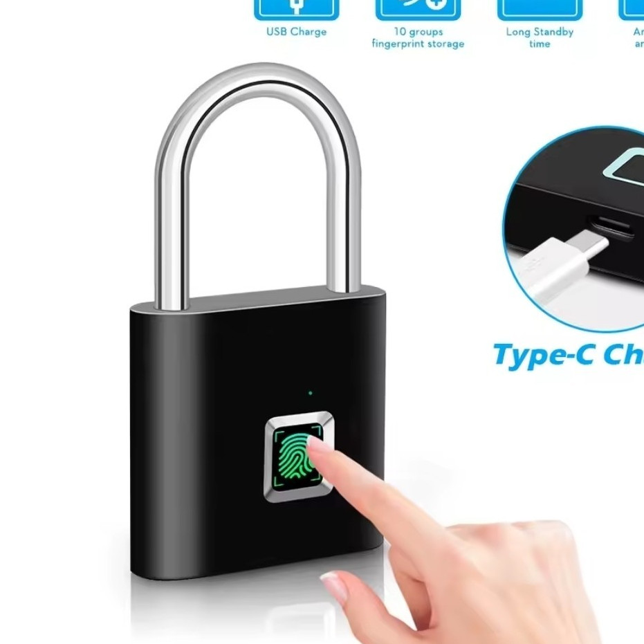 KERUI Fingerprint Padlock USB Type-C Rechargeable Matte Black Metal, Medium