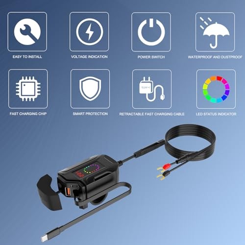Retractable Type-C & Dual USB Fast Charging Motorcycle USB Charger
