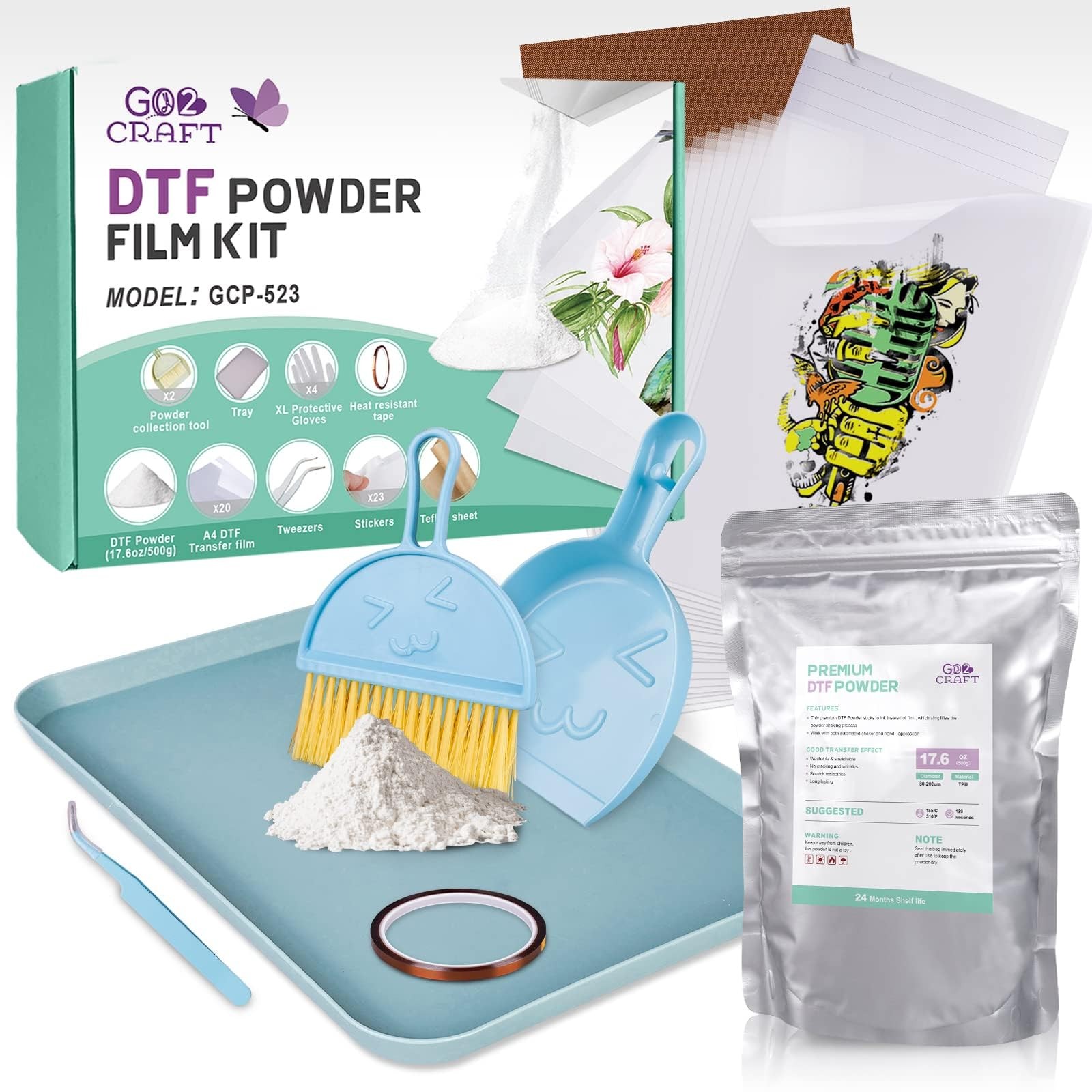 GO2CRAFT Hot Melt Powder and DTF Transfer Flim Kit, 20Pcs Film for White
