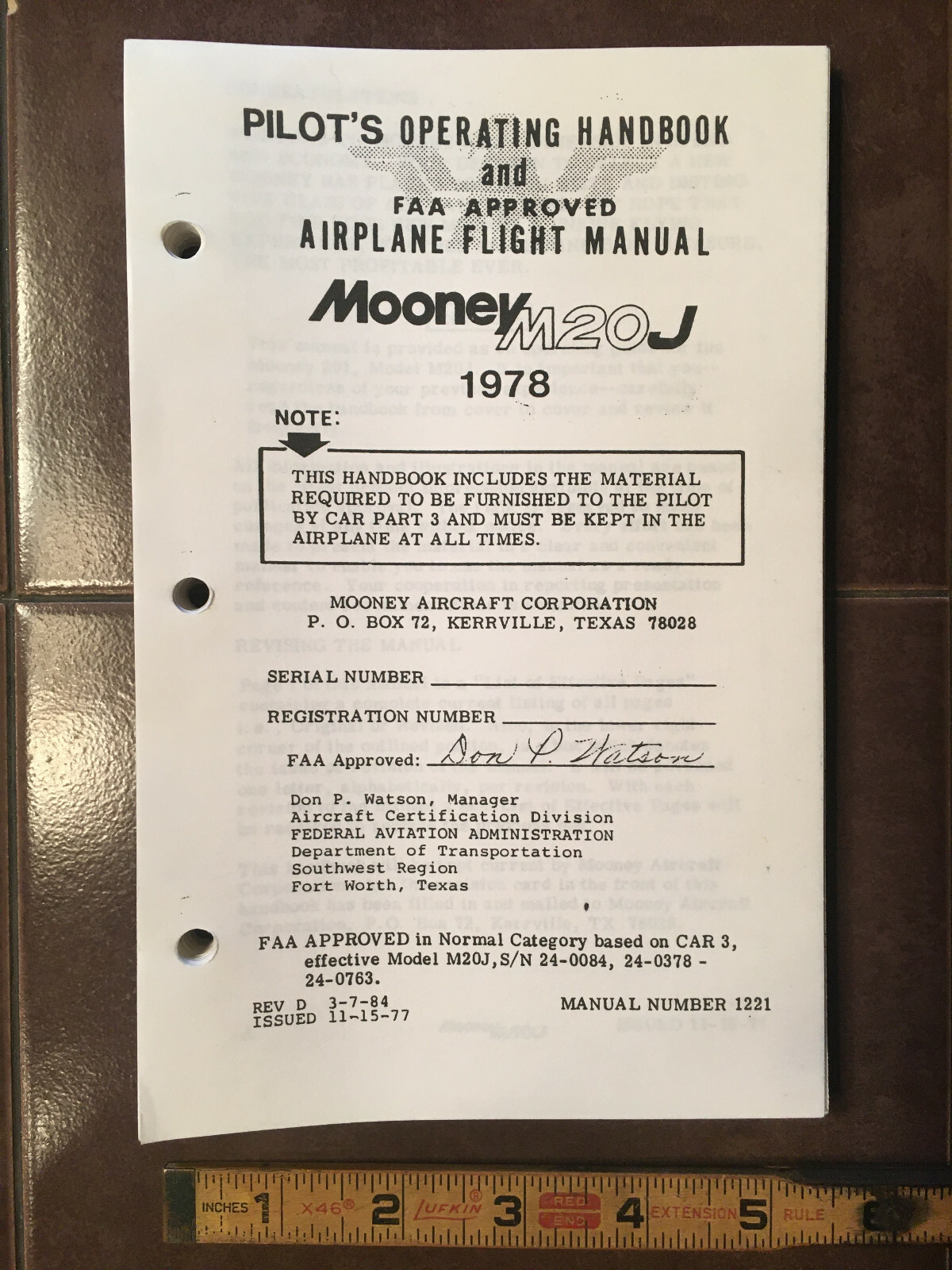 1978 Mooney M20J Pilot's Operating Handbook & Airplane Flight Manual