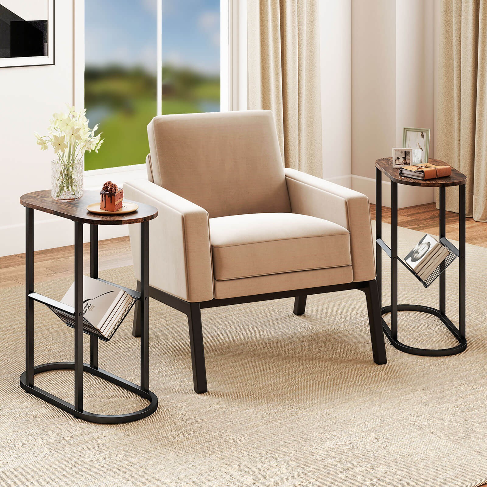 2-tier Side Table Oval Narrow End Table Nightstand Bedside Table Brown