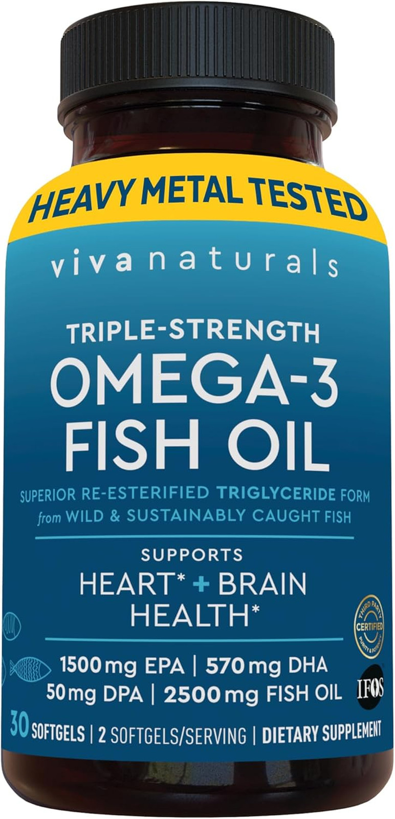 Viva Naturals Triple Strength Omega 3 Fish Oil Supplement - 2500 mg Fish Oil wit