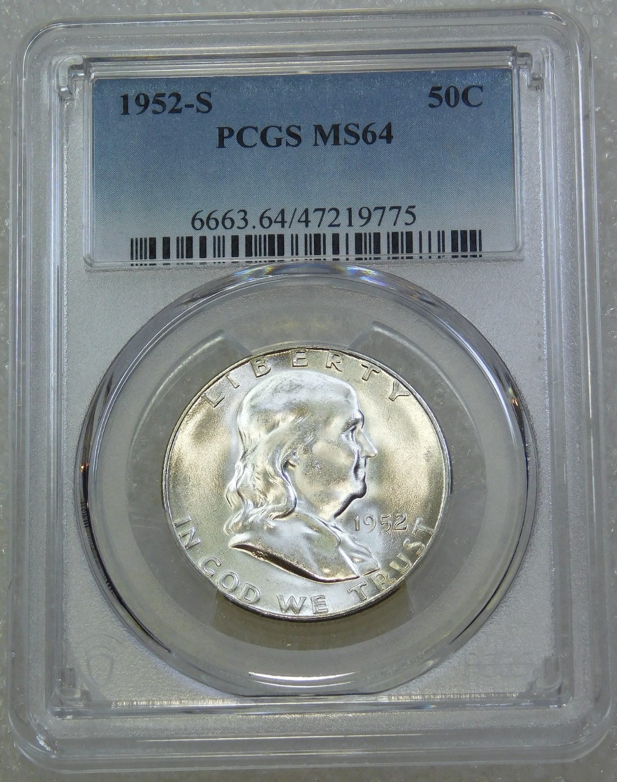 1952-S Franklin Half Dollar PCGS MS64 90% FBL Frosty White PQ New Holder #J332J