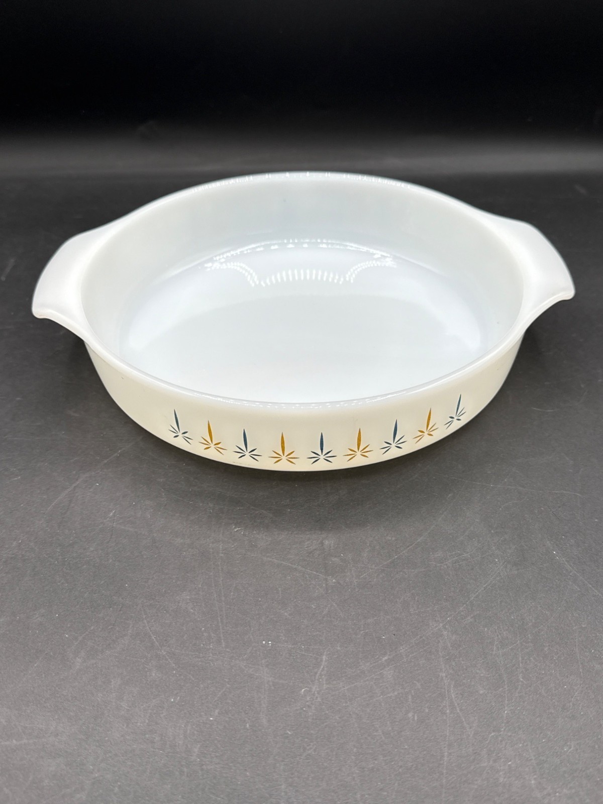 Vintage Anchor Hocking Fire King Candle Glow White Milk Glass Baking Dish 9 In D