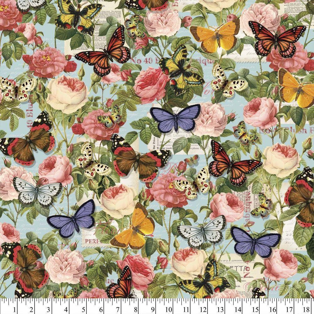 Vintage Roses & Butterflies - David Textiles Cotton Fabric (1 Yard, Pre-Cut)