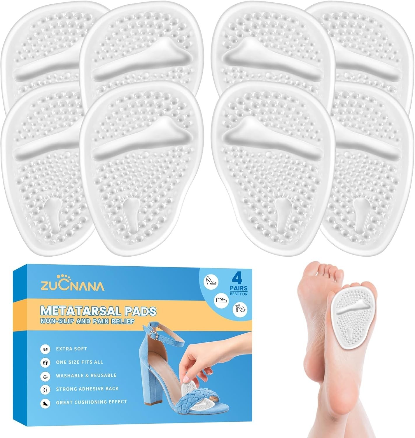 "Metatarsal Pads for Women - Soft Gel High Heel Insoles, 4 Pairs, Non-Slip Desig