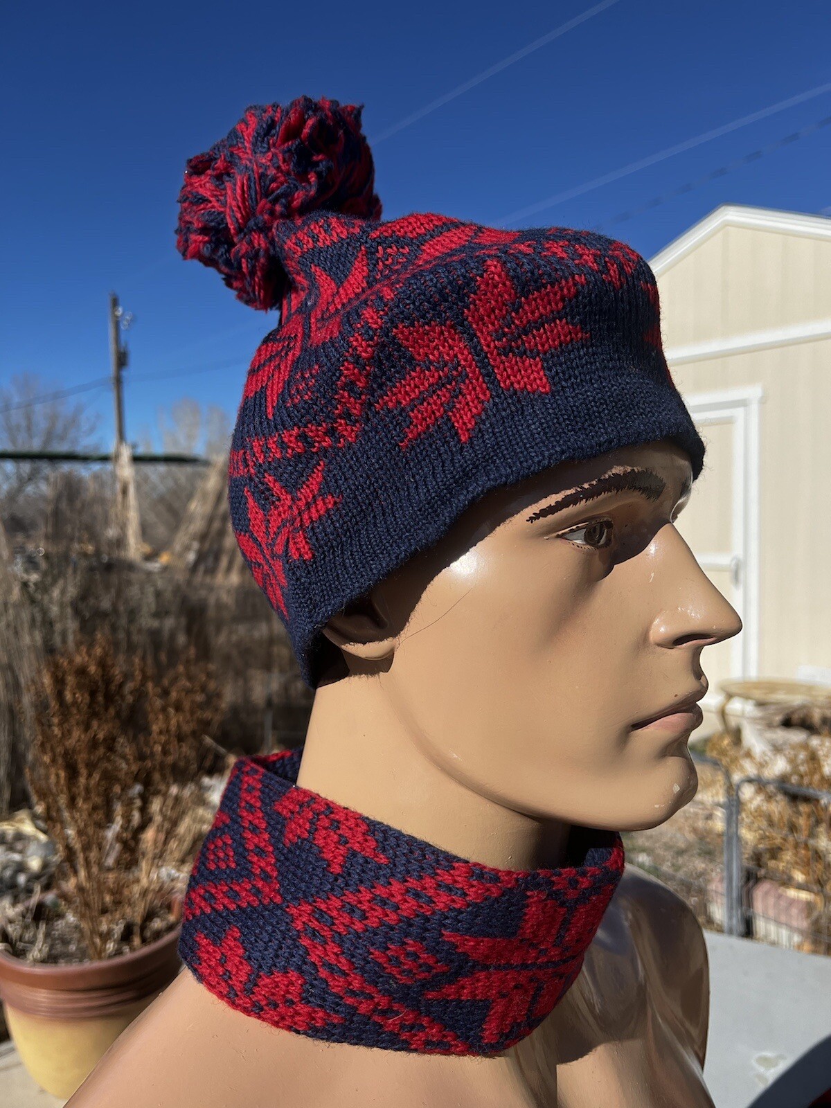 Lot of 2 New Vintahe Wigwam Wool Beanie & Ear Cover Blue Red Snowflake