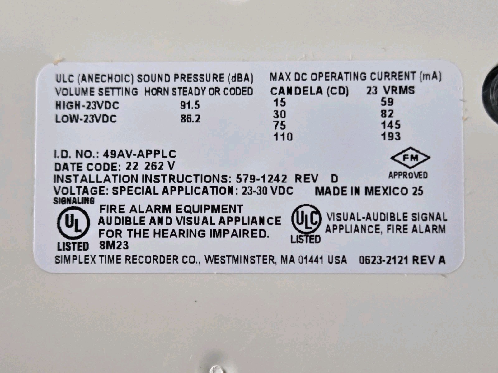 SIMPLEX 49AV-APPLC ADDRESSABLE CEILING HORN/STROBE - APPLIANCE ONLY - 46 AVAIL.