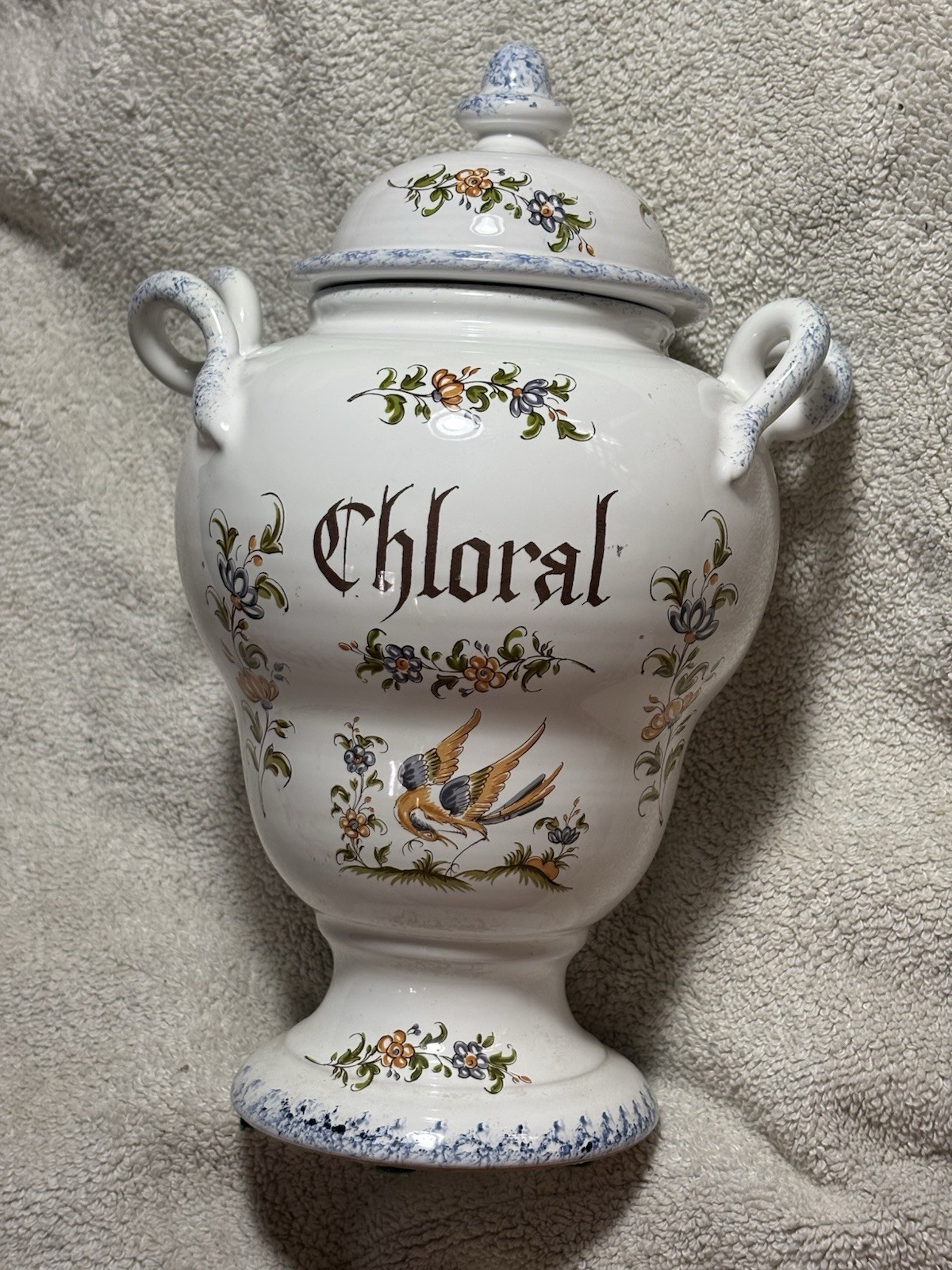 Vintage Moustiers French Faience Apothecary Jar Chloral Hypnotic Sedative 11“