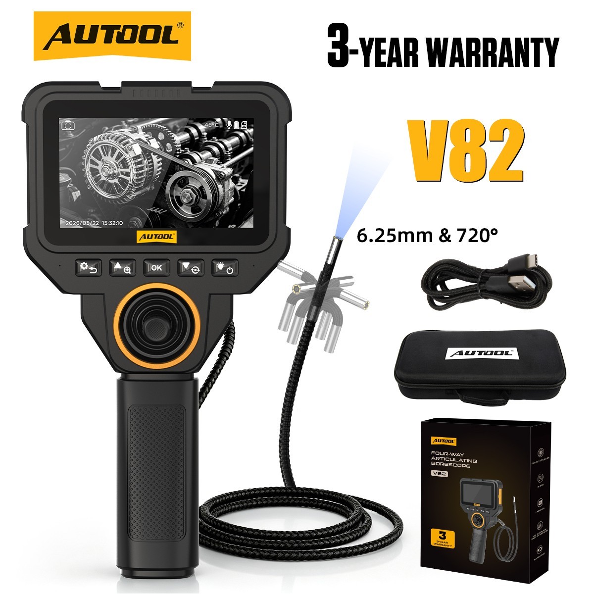 4-Way 720° Endoscope Industrial Articulating Borescope Camera Inspection 6.25mm