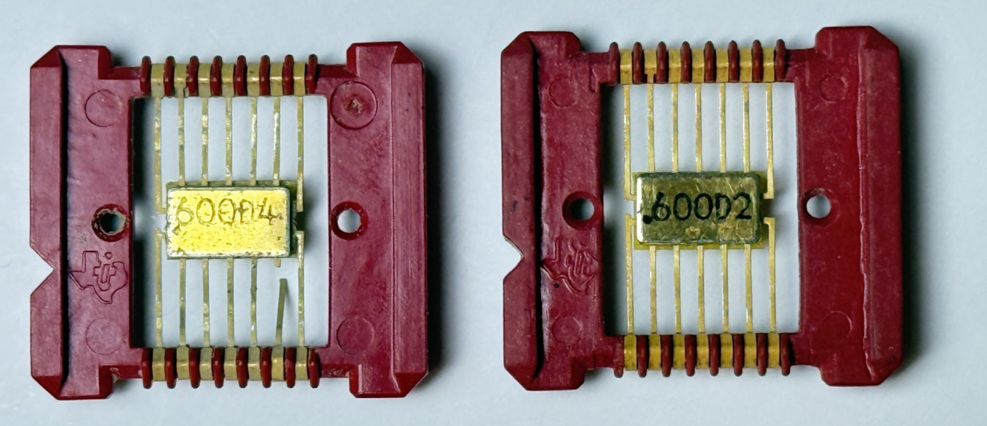 Two 1966 Texas Instruments Integrated Circuits (IC) in Red Carriers