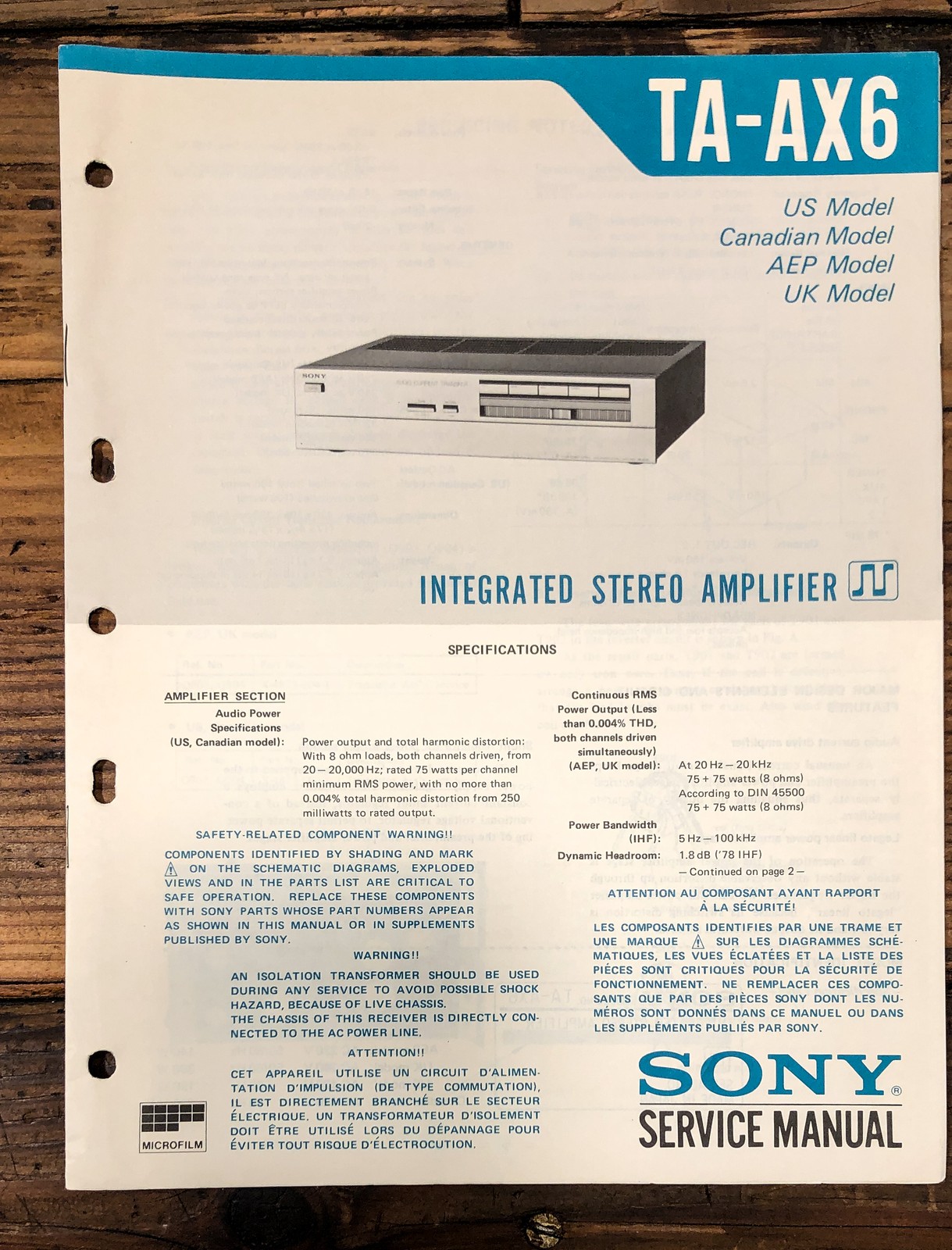 Sony TA-AX6 Amplifier Service Manual *Original*
