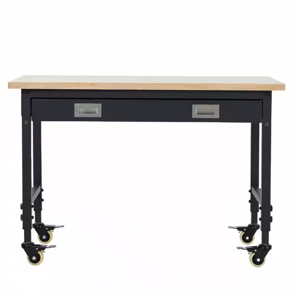 Heavy Duty 48 In. W X 24 In. D Black Steel Mobile Workbench with Rubberwood Top