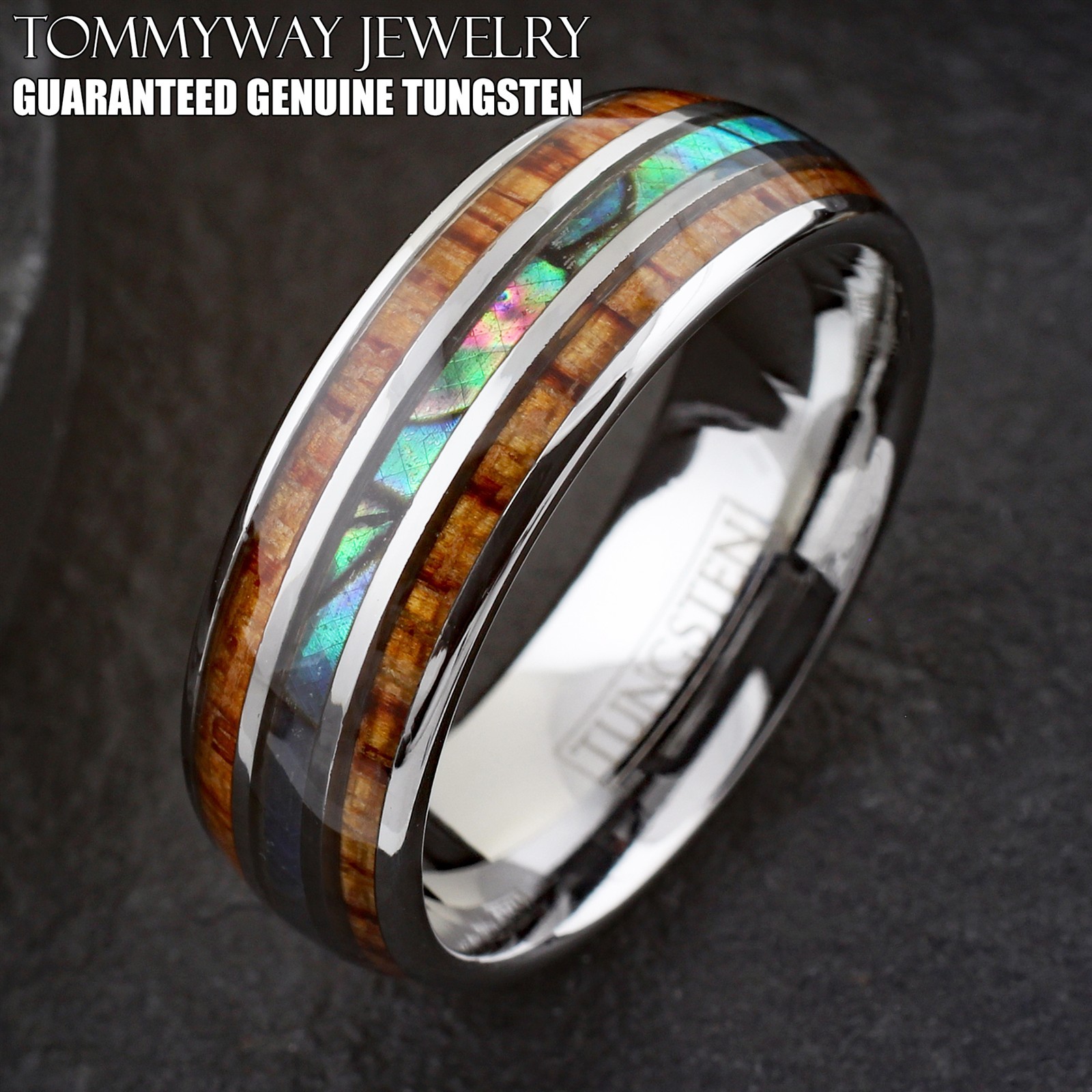6/8mm Gorgeous Silver Tungsten Carbide Men's Abalone & Wood Wedding Band Ring
