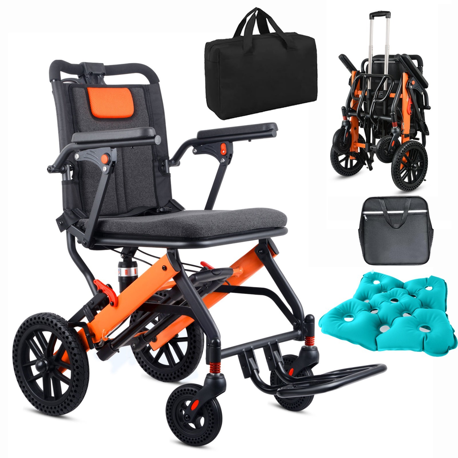 Orange Transport Wheelchair for Adults, Quick Foldable Chair, Telescopic Handle
