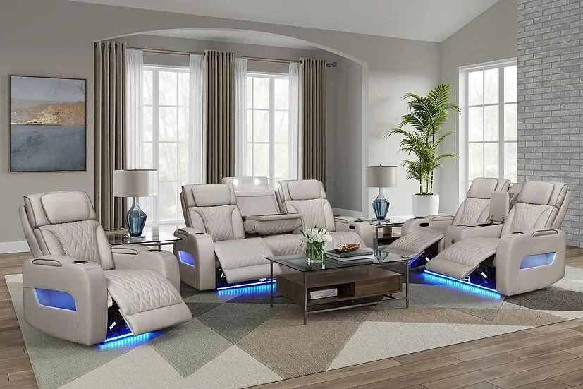 NEW Beige Gray LED Power Recliner & Adj Headrest 3PC Sofa Set Bluetooth Speaker