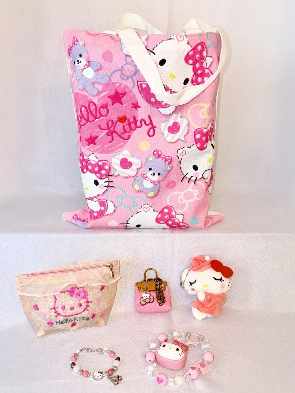 Hello Kitty Canvas Bag, Bracelet, Accessory Bag, Purse Charm, Plushy, & Keychain